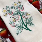 hand embroidered tea towel, embroidered strawberries