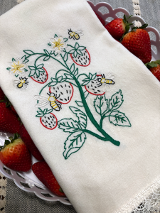 hand embroidered tea towel, embroidered strawberries