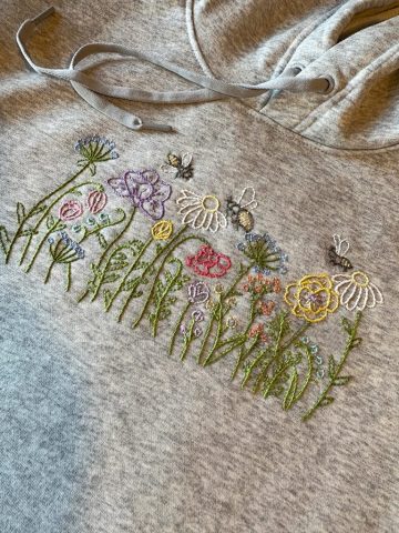 hand embroidered sweatshirt, floral embroidery, custom embroidery, hand embroidery