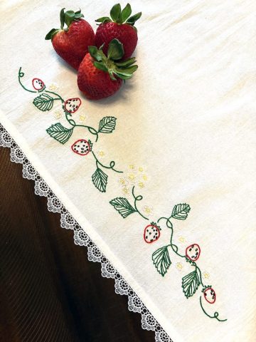 hand embroidered strawberried, farmhouse strawberry table linen, custom embroidery, heirloom embroidery, hand embroidered tablecloth, hand embroidered table linen, hand embroidered towel, nature embroidery