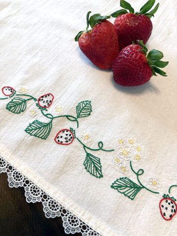 hand embroidered strawberried, farmhouse strawberry table linen, custom embroidery, heirloom embroidery, hand embroidered tablecloth, hand embroidered table linen, hand embroidered towel, nature embroidery