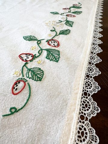 hand embroidered strawberried, farmhouse strawberry table linen, custom embroidery, heirloom embroidery, hand embroidered tablecloth, hand embroidered table linen, hand embroidered towel, nature embroidery