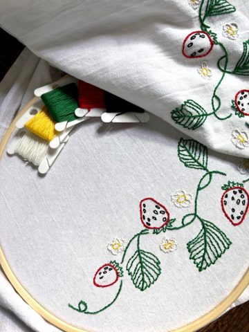 hand embroidered strawberried, farmhouse strawberry table linen, custom embroidery, heirloom embroidery, hand embroidered tablecloth, hand embroidered table linen, hand embroidered towel, nature embroidery
