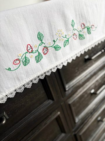 hand embroidered strawberried, farmhouse strawberry table linen, custom embroidery, heirloom embroidery, hand embroidered tablecloth, hand embroidered table linen, hand embroidered towel, nature embroidery