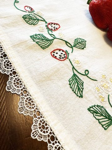 hand embroidered strawberried, farmhouse strawberry table linen, custom embroidery, heirloom embroidery, hand embroidered tablecloth, hand embroidered table linen, hand embroidered towel, nature embroidery
