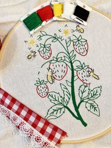 Wild Strawberries Hand Embroidered Tea Towel