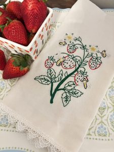 Wild Strawberries Hand Embroidered Tea Towel