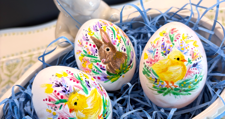 Hand painted blown eggs with spring scenes, decorative painting