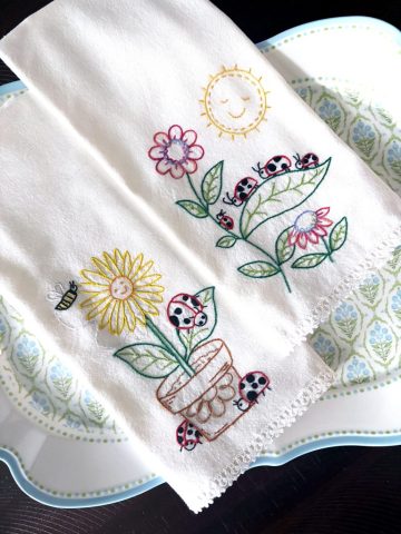 embroidery gifts, hand embroidered spring dish towels, local embroidery, latrobe, greensburg PA, cotton embroidery, heirloom embroidery