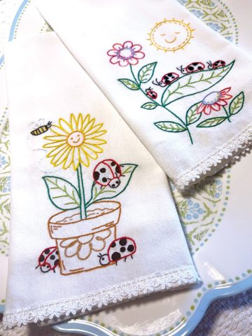hand embroidered spring dish towels, local embroidery, latrobe, greensburg PA, cotton embroidery, heirloom embroidery