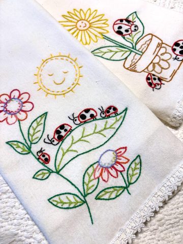 hand embroidered spring dish towels, local embroidery, latrobe, greensburg PA, cotton embroidery, heirloom embroidery