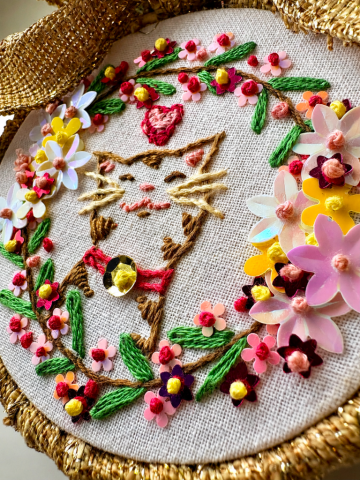 Whimsical Hand Embroidered Cat Ornament, hand embroidery