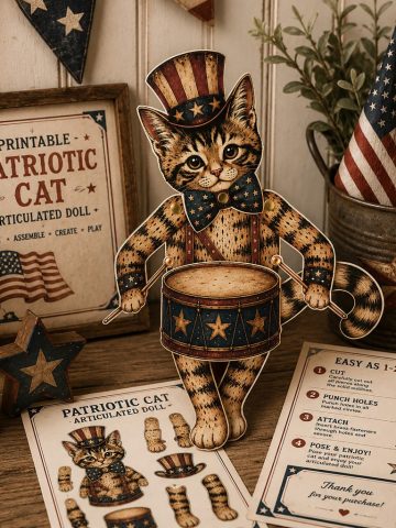 Vintage Style Patriotic Articulated Paper Cat and Golden Retreiver Doll
