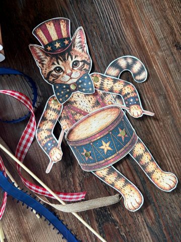 Vintage Style Patriotic Articulated Paper Cat and Golden Retreiver Doll