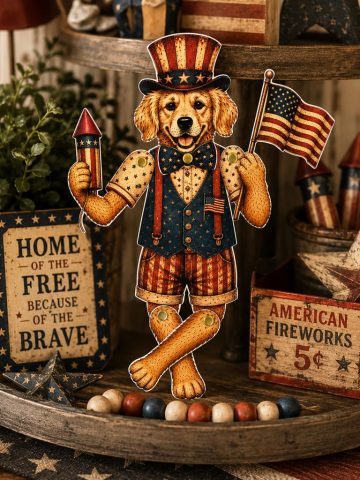 Vintage Style Patriotic Articulated Paper Cat and Golden Retreiver Doll