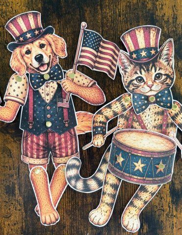 Vintage Style Patriotic Articulated Paper Cat and Golden Retreiver Doll