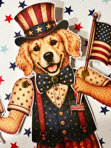 Vintage Style Patriotic Articulated Paper Cat and Golden Retreiver Doll